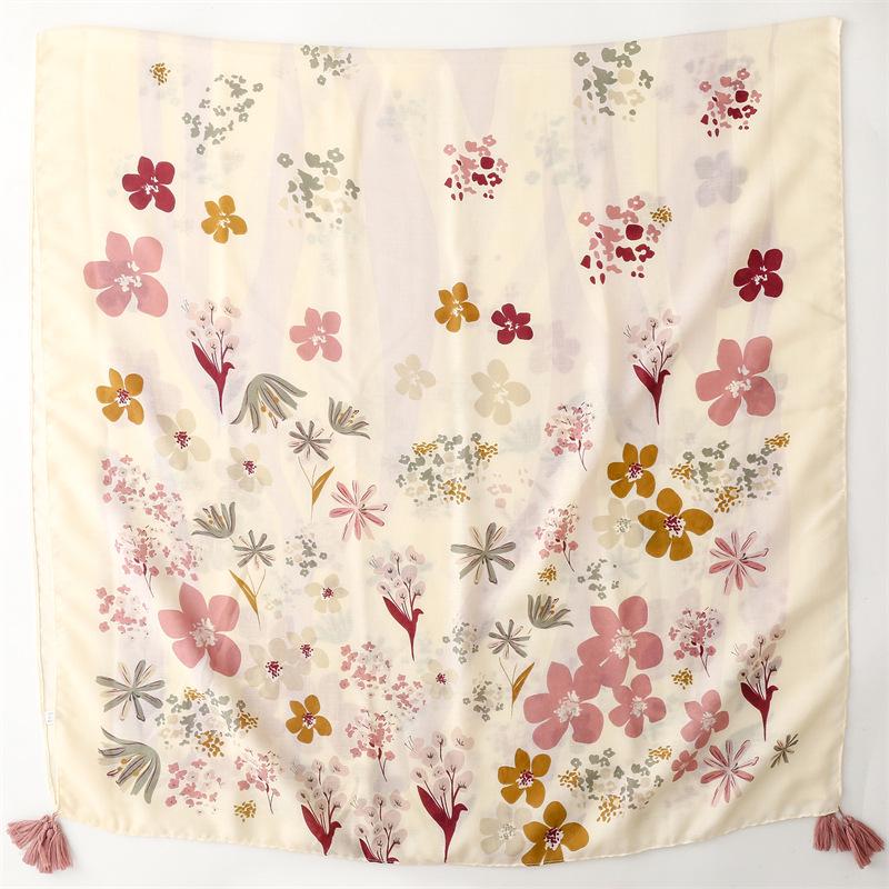 Elegant Beige Floral Tassel Shawl - Cotton Linen Feel Satin Scarf