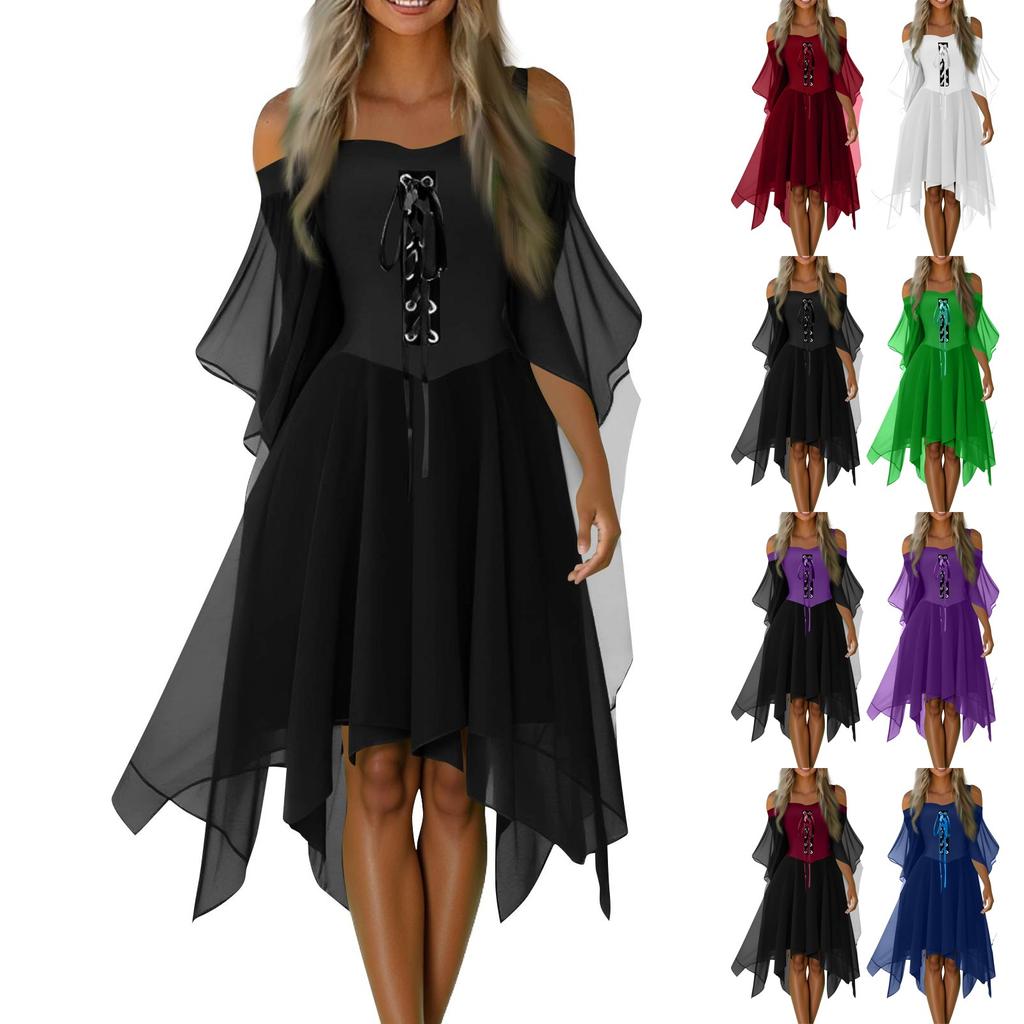 Robe décontractée à épaules dénudées pour femmes, grande taille, couleur unie, mousseline de soie, manches papillon, robe gothique