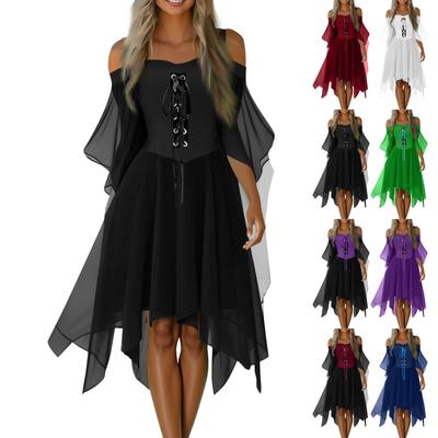 Vestito casual da donna con spalle scoperte e taglie forti, in chiffon, tinta unita, con maniche a farfalla, stile gotico