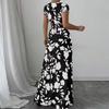 V Neck Short Sleeve Maxi Dress with Floral Print High Waist Elastic Waistband Lightweight Long Gown for Women
