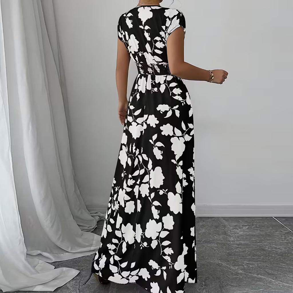 V Neck Short Sleeve Maxi Dress with Floral Print High Waist Elastic Waistband Lightweight Long Gown for Women