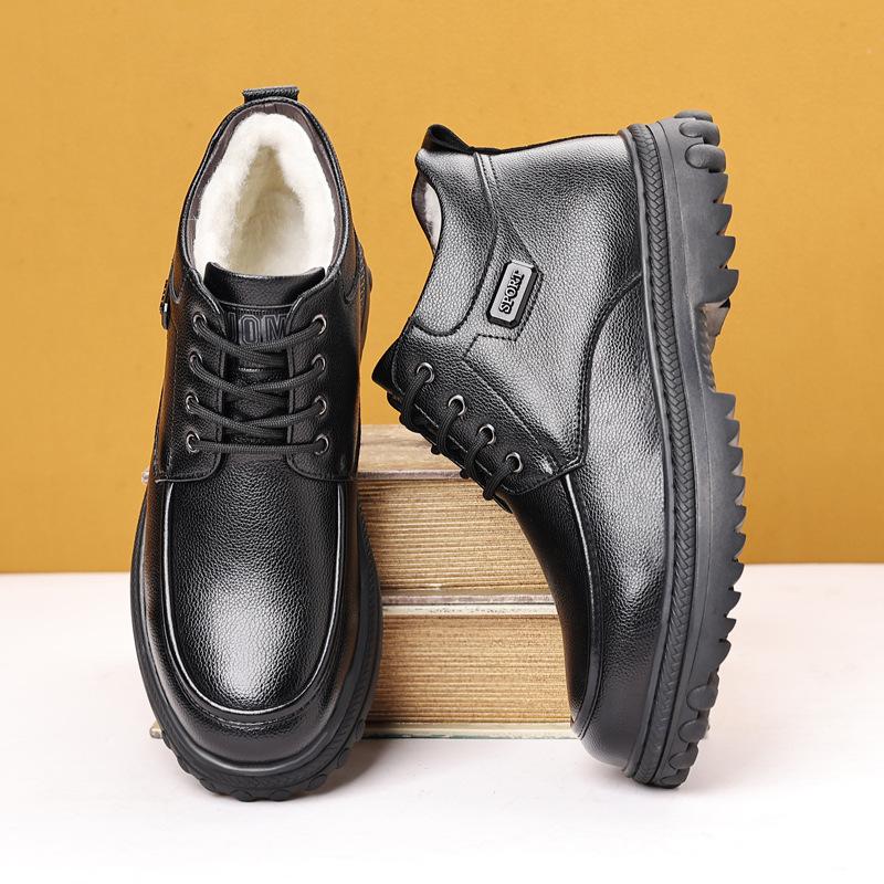 Cotton-Padded Shoes Men's Winter Genuine Leather Wool Integrated Casual High-Top Leather Shoes Fleece Lined Padded Warm Keeping