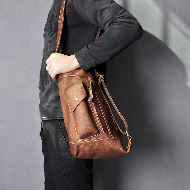 Männer Original Crazy Horse Leder Casual Mode Umhängetasche Brust Sling Bag Design Reise Eine Schulter Tasche Daypack