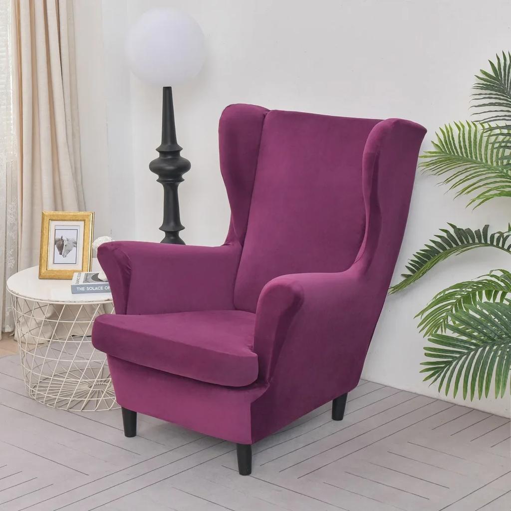 2pcs/set Velvet Wingback Chairs Covers Removable Wing Armchair Cover with Seat Cushion Cover Elastic Sofa Slipcovers Living Room