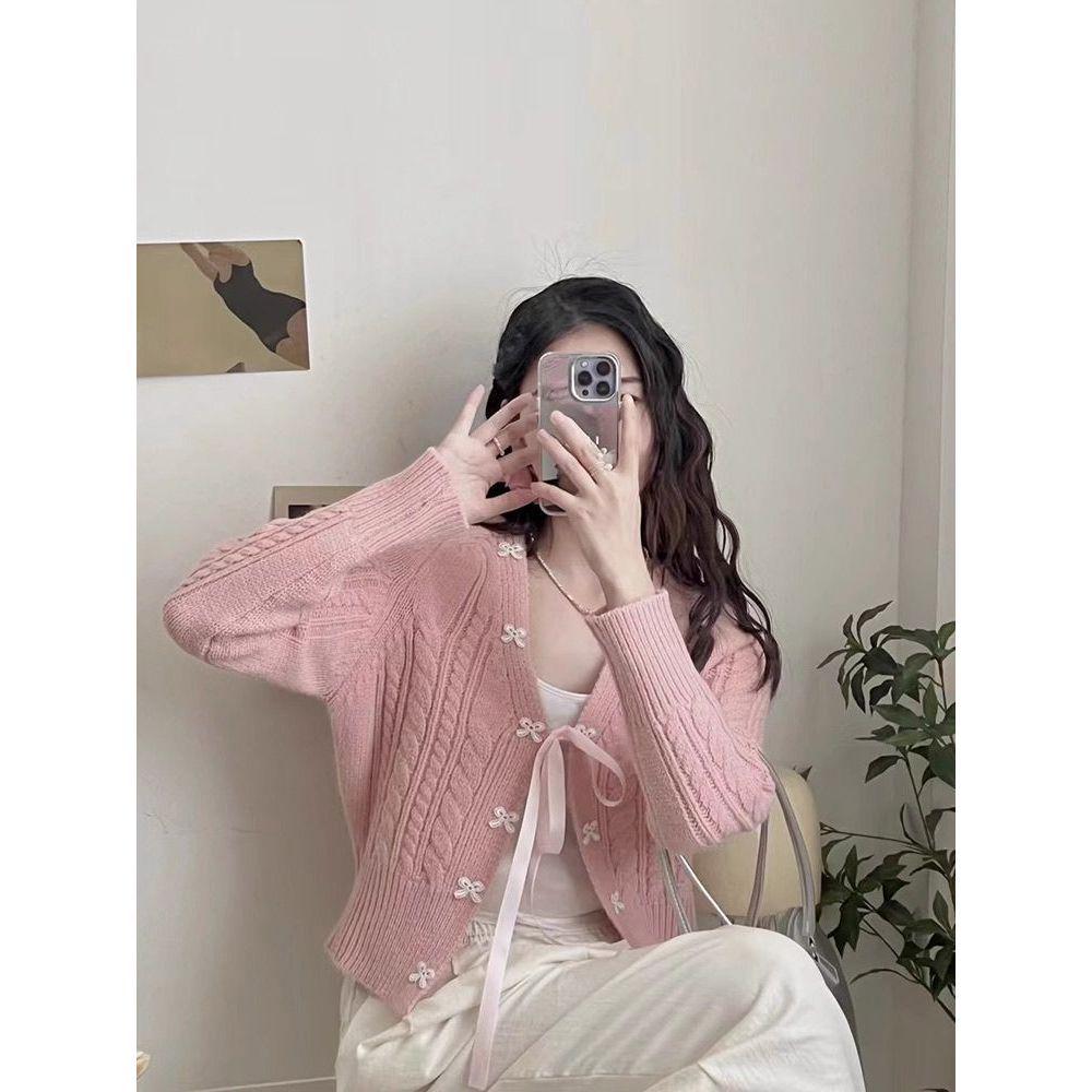 Korean-Style Women's Autumn Knit Cardigan with Tie Design