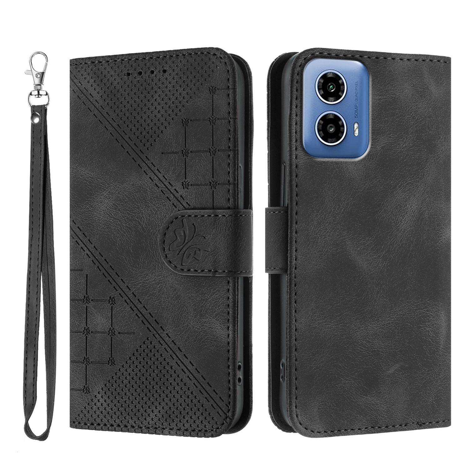 

For Motorola Moto G45 5G/Motorola Moto G34 5G Leather Wallet Case Butterfly Flower Imprinted Phone Cover with Strap Black