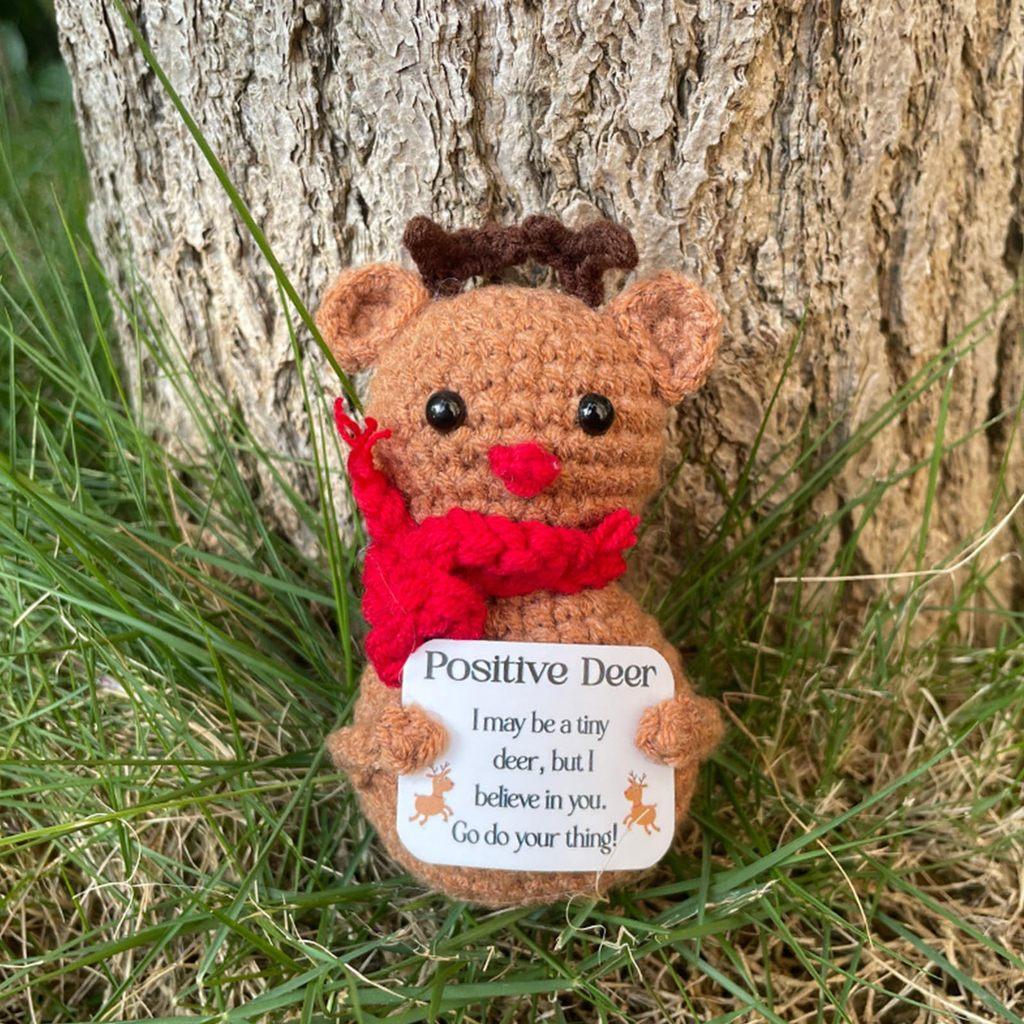 

Christmas Santa Claus Positive Crochet Animals Doll With Card Desktop Ornament Emotional Support Handmade Knitted Cheer Up Toy