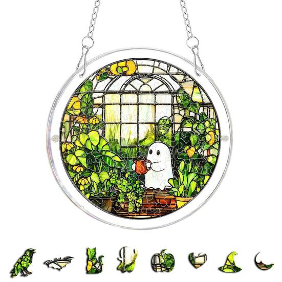 Halloween Acrylic Puzzle Decor, 2D Ghost Pumpkin Skeleton Hanging Sign, Faux Stained Glass Spooky Puzzle for Party Home Decor, Stress Relief Toy