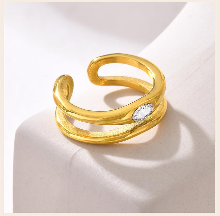 Double-layer Hollow Open Zirconia Rings for Women, Gold Plated Stainless Steel Finger Ring, Luxury Waterproof Jewelry