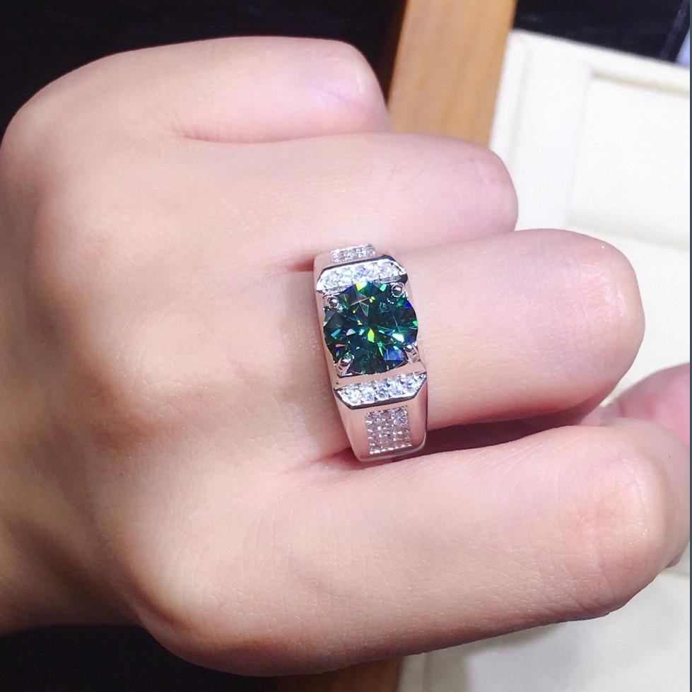 Full Diamond Eight Hearts and Arrows, PT950 Blue-Green Simulated Moissanite Unisex Open Ring