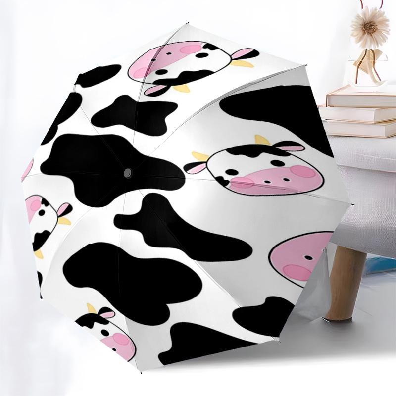 Cute Cow Print Automatic Folding Umbrella - Portable 3-Fold Design with Iron Frame, Perfect for Fans, Travelers, Daily Use, and Gifts!112515