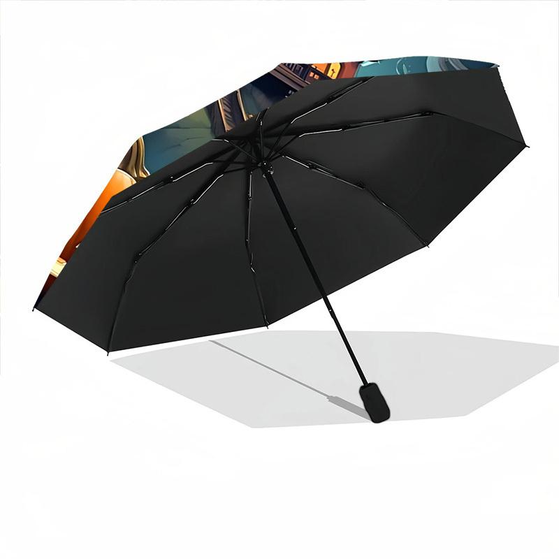 1pc Scary Halloween Haunted_House Automatic Folding Umbrella, Lightweight Retractable Compact Travel Umbrella, 8-Rib Sturdy Frame011