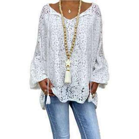 European and American Women's White Lace V-Neck Loose Pullover Long Sleeve Top