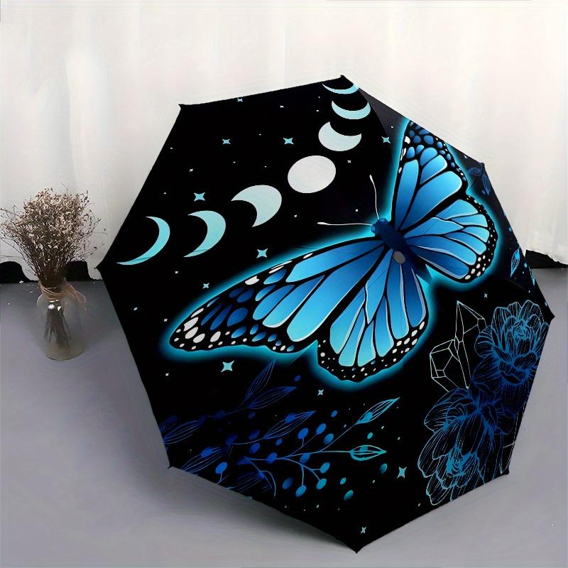 Butterfly, Night Sky Automatic Folding Umbrella 8 Ribs, Durable Iron Frame, Bright Color Pattern Compact Travel Umbrella, Suitable for Outd