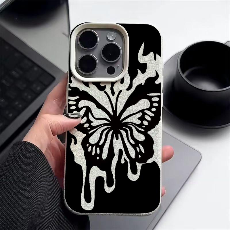 Kožené pouzdro s motýlím vzorem a texturou pro iPhone 16 Pro 15 14 13 12 Pro Max, nárazuvzdorné, matné, tenké, jednobarevné, TPU, měkké, proti pádům