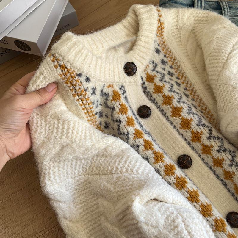 Korean Style Women's Fair Isle Knit Cardigan - Loose and Thick for Autumn/Winter 2026