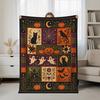 Gemütliche Halloween-Decke im Vintage-Quilting-Stil | Schwarze Katze Kürbis Geist Halbmond Decke