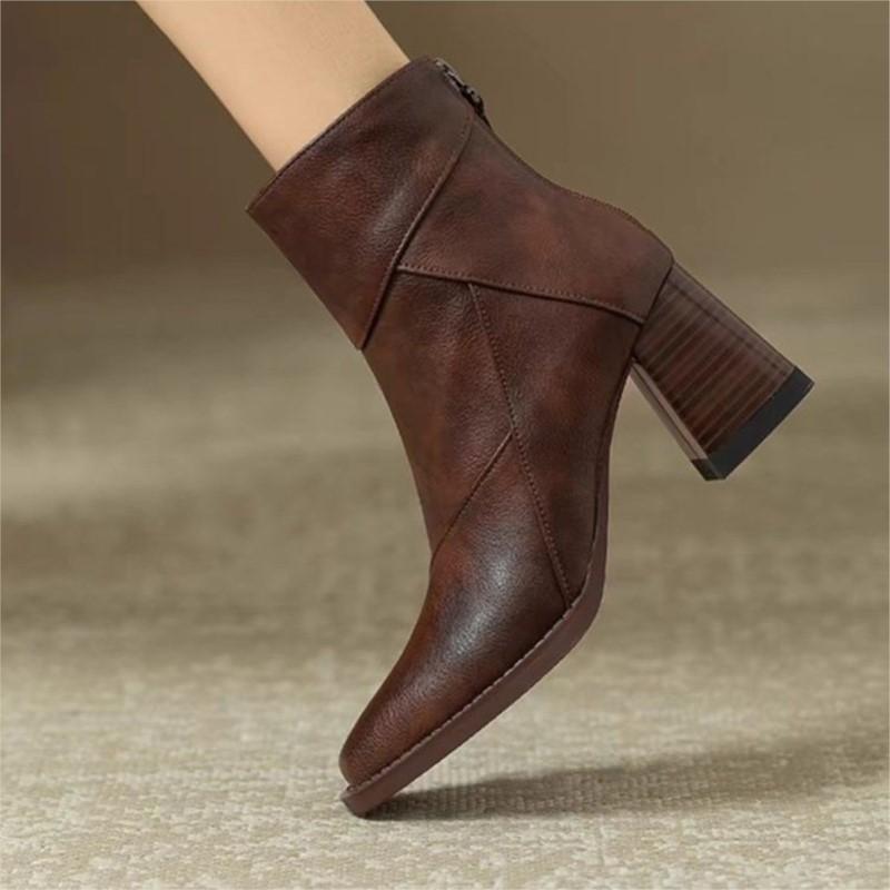 Retro Brown Soft Leather Thick-heeled Ankle Boots Women, New High-heeled Boots British-style Small Square Toe Slim Boots C1226