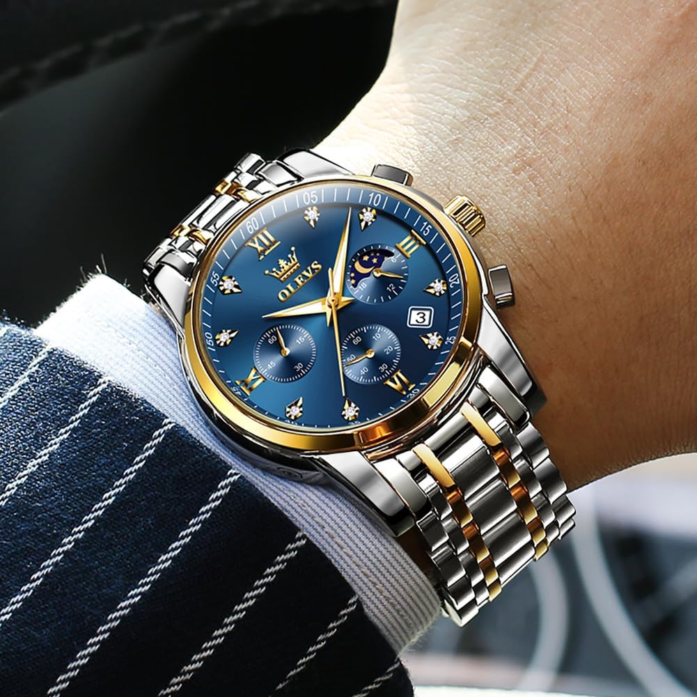 OLEVS Men's Watch with Moon Phase Timer, Quartz Movement, Stainless Steel Band, Simple and Fashionable, Waterproof, Luminous, Date Display, Blue