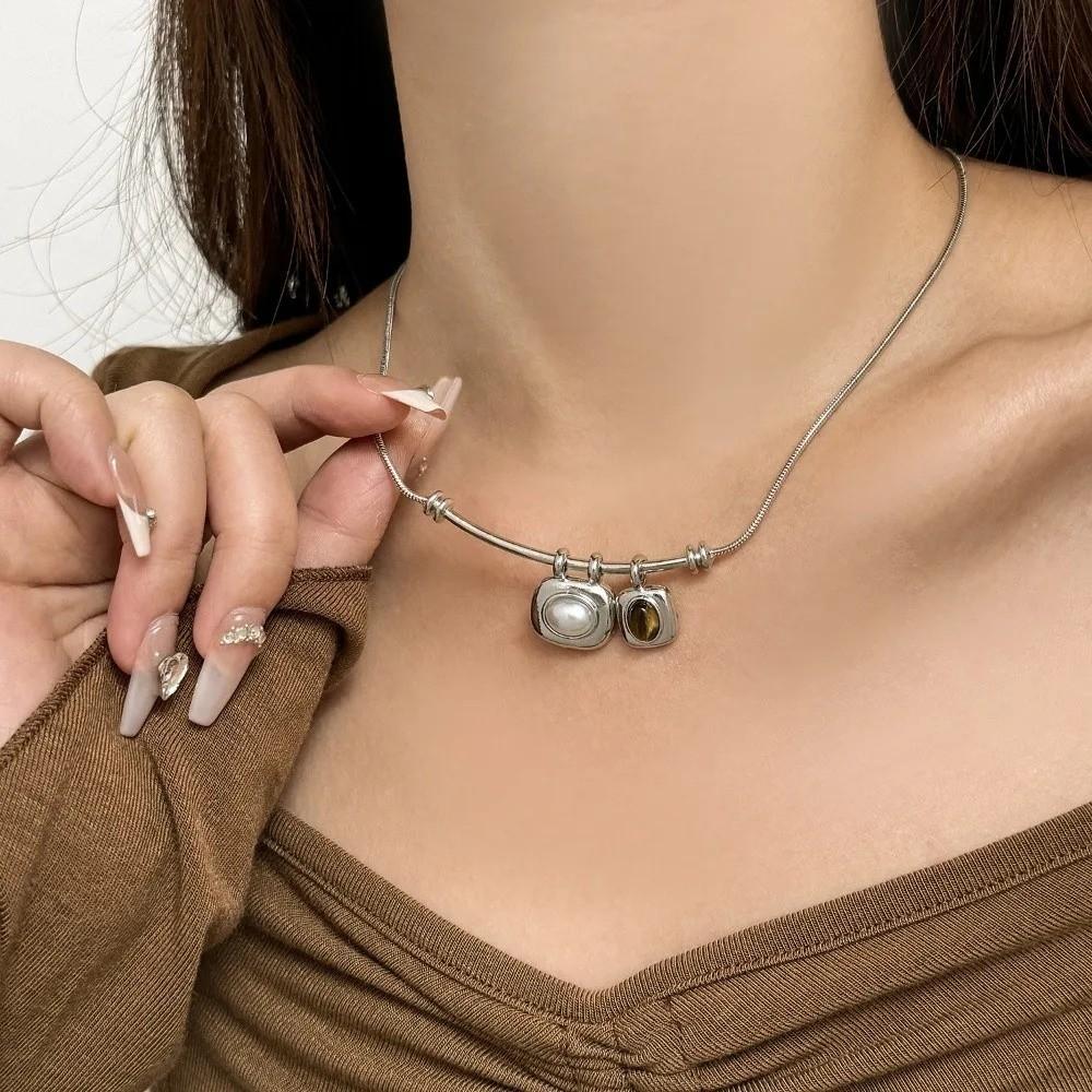 Imitation Pearl Tigereye Stone Pendant Necklaces Geometric Collarbone Necklace Women