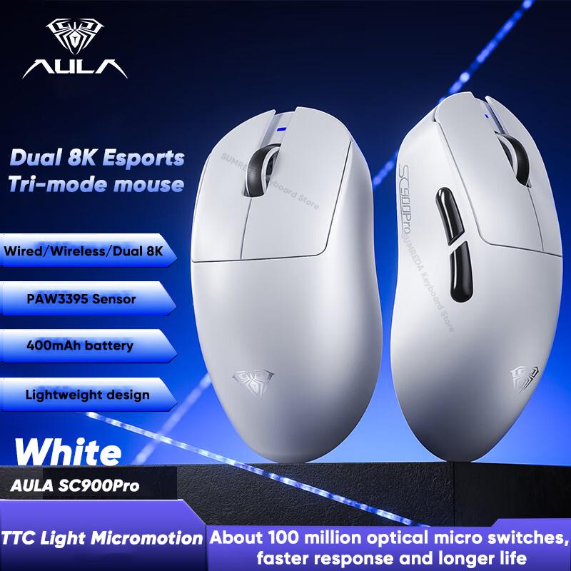 NEW AULA SC900 Tri-mode Gaming Mouse PAW3950 8K 3395 Office E-sports 2.4G Dual Lightweight Ergonomic PC Gaming Accessory