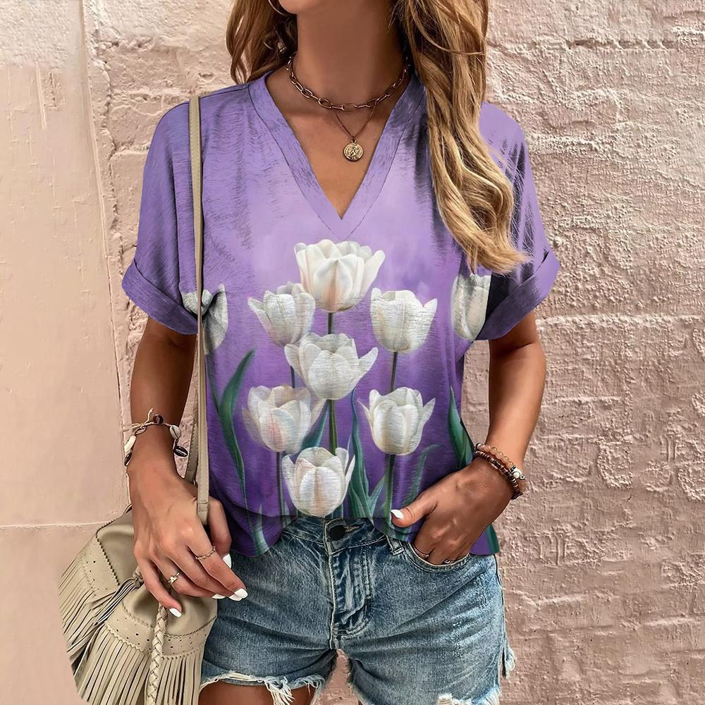 Summer Women's T-shirt V-neck Short-sleeved Floral Graphic Printing Outdoor T-shirt Women's Casual Clothing Street Shirt