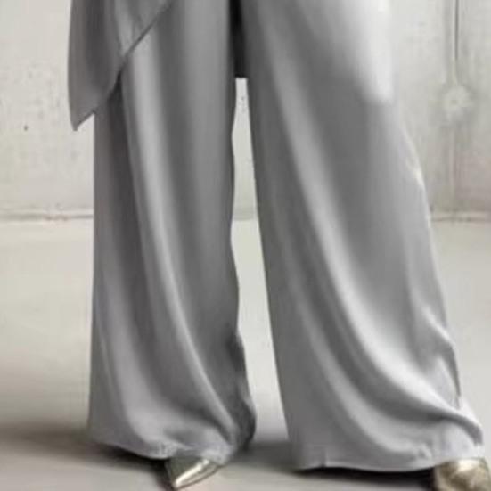 Damen 2-teilige Satin-Outfits Halbarm Asymmetrischer Saum Oberteil Weite Hosen Sets Sommer Lockere Lounge-Sets