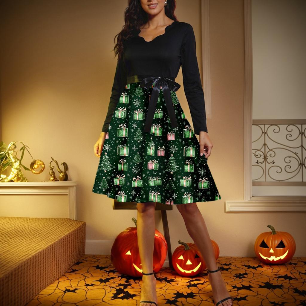 Vestido retrô feminino casual com decote em V e manga comprida, estampa retrô de Natal