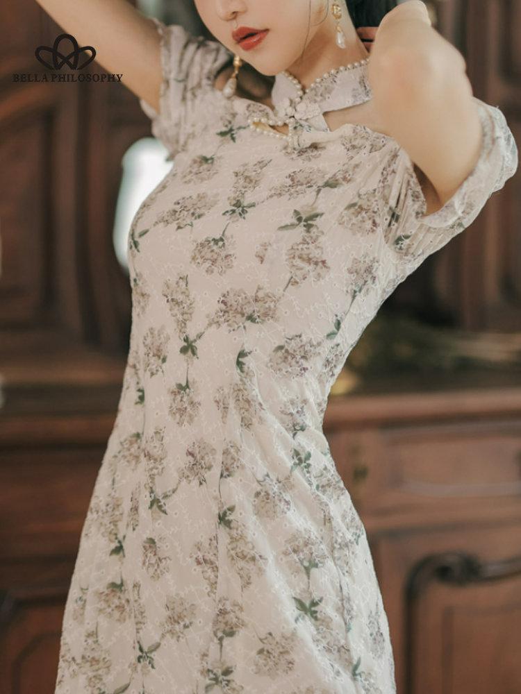 Elegante Vintage Cheongsam Kleid Frauen sommer Floral Stickerei Design Party Split Kleid Weibliche Gericht Retro Lange Fee Kleid