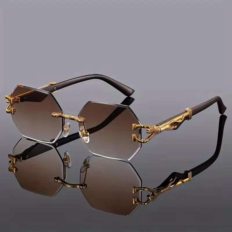 Frameless Cut Edge Square Uv400 Sunglasses New European And American Wood Grain Leg Driving Outdoor Sports Decoration Glasses