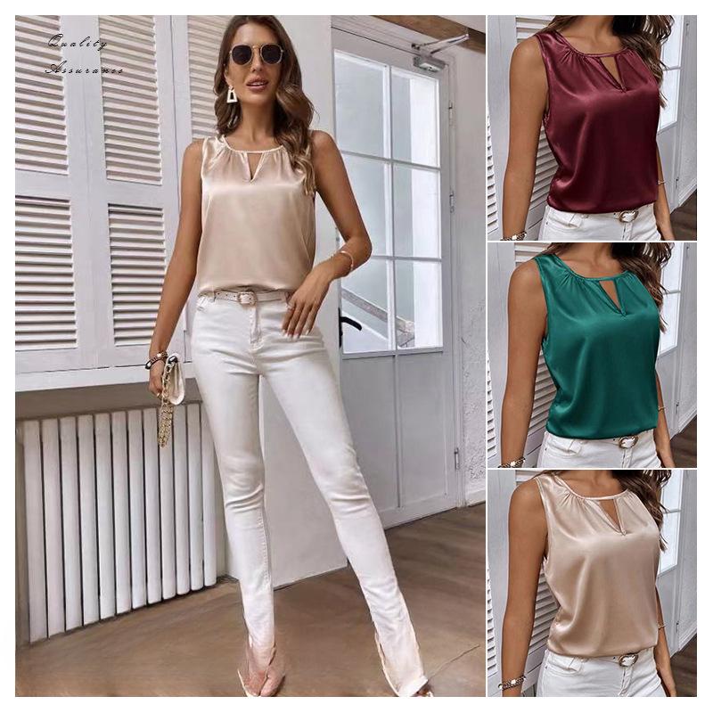 Tricou de vară din poliester plisat, vestă din satin, top fără mâneci decupat, tricouri de damă