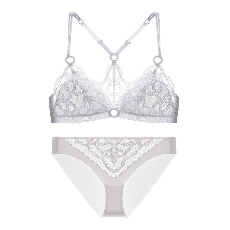 French Sexy Backless Lingerie Lace Ultra Thin Bra Set for Women Summer Triangle Soft Cup Mesh Breathable Brassiere and Thong Set