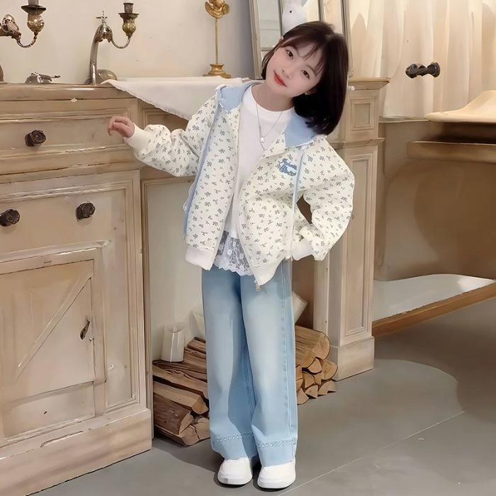 Girls Floral Hooded Zip Up Sweatshirt Spring Autumn Jacket 120