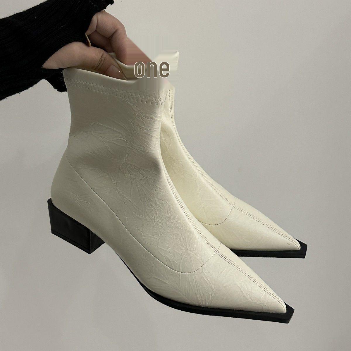 2025 Мягкая кожа Удобные Корейский стиль Женские ботильоны Стройнящие Эластичные Массивные Низкий Каблук Заостренный Носок 39 абрикосовый 3480₽