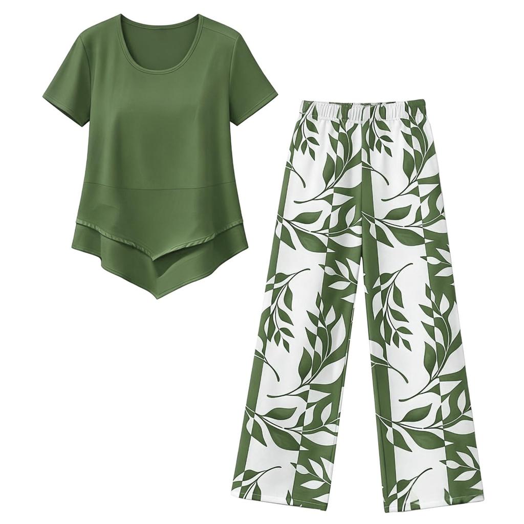 2-teilige Sets für Damen Sommer Übergröße Quadratischer Ausschnitt Oberteile Blumendruck Weite Hosen Caprihosen Boho Strand Reise Outfits