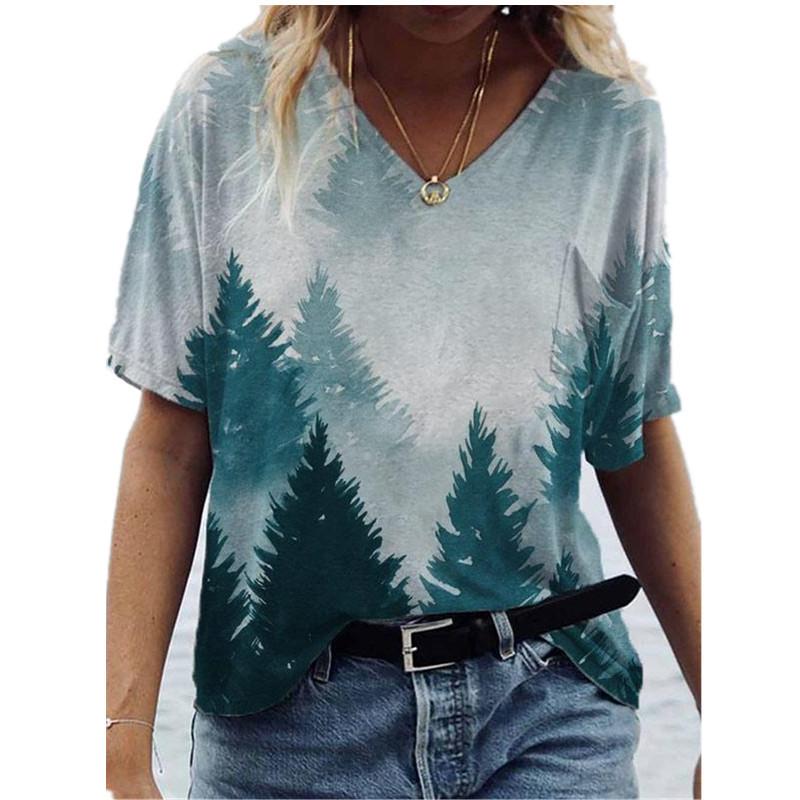 Loose V-neck Short Sleeved Summer Youth Women's 3D Printed T-shirt
