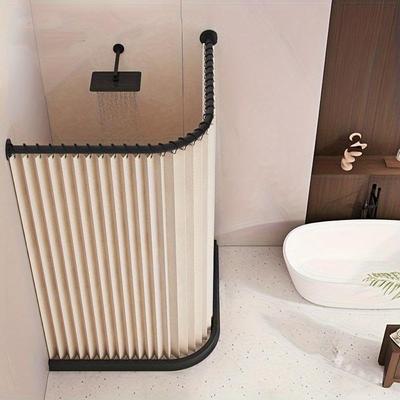 Gray Foldable High-Temperature Resistant Polyester Bathroom Partition Curtain with Hole Hook - Wave Style, Machine Washable,Bathroom Decor