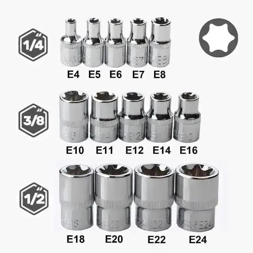 1 Set Female E Torx Socket Set With Case, 1/4, 3/8, 1/2 In. Drive E4-E24 External Torque Star Socket Kit, 14Pcs