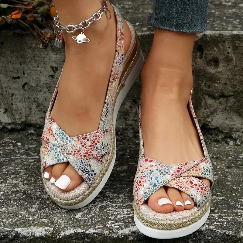 Fashion Wedge Flat Sandals Women Summer Slingbacks Peep Toe Platform Shoes for Women Light Non-slip Comfort Fabric Cushion Beach Sandals