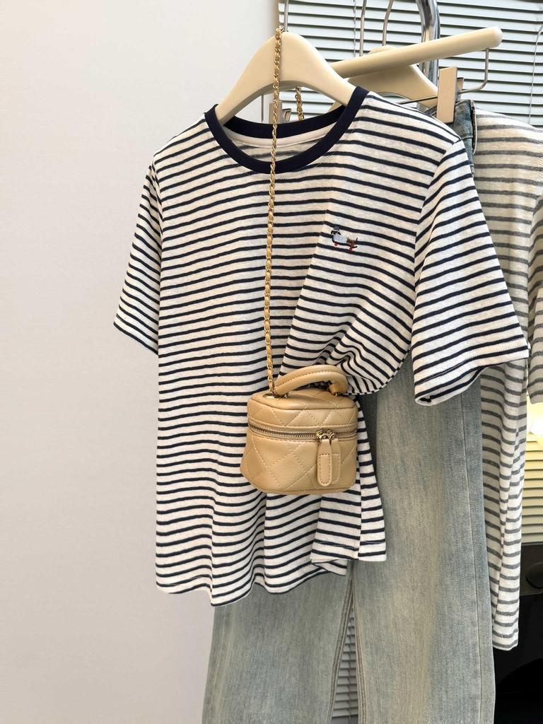 Korean Style Women's Niche Cartoon Embroidery Striped Half-Sleeve T-shirt