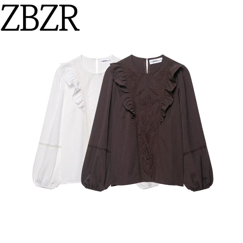 Za Autumn New Women Clothes 2025 Western Style Round Neck Flower Embroidery Laminated Decoration Shirts 7200226