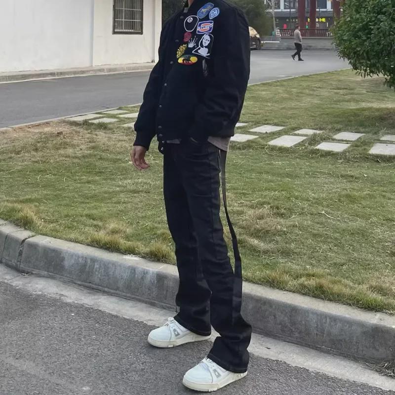 Herren Trendige Schwarze Schlagjeans mit Bändern - Slim, Elastisch, High Street Style.