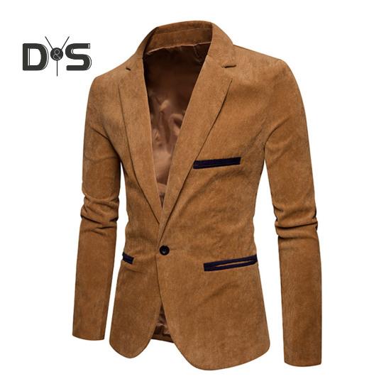 Men Corduroy Suit Coat Lapel Long Sleeve Patchwork Color Suit Jacket with Pockets Single Button Business Outwear Workwear