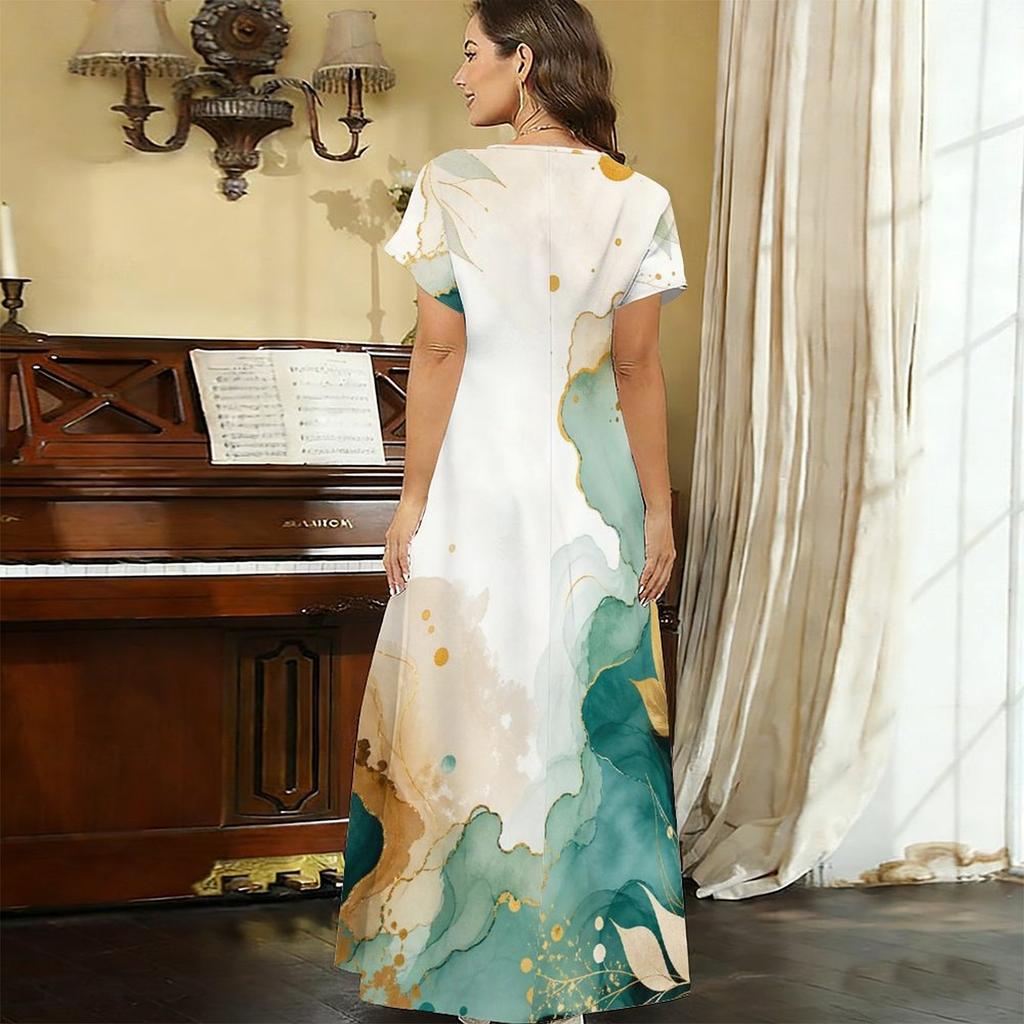 Women Plus Size V Neck Short Sleeve Abstract Printed Straight Maxi Dress