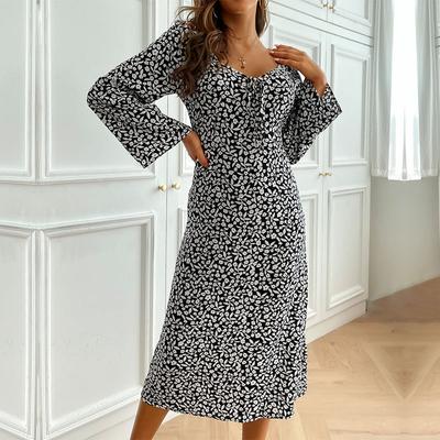 Temperament and Elegance Outer Wear Vintage Women's Backless Printed Long Sleeve Dress Medium Length