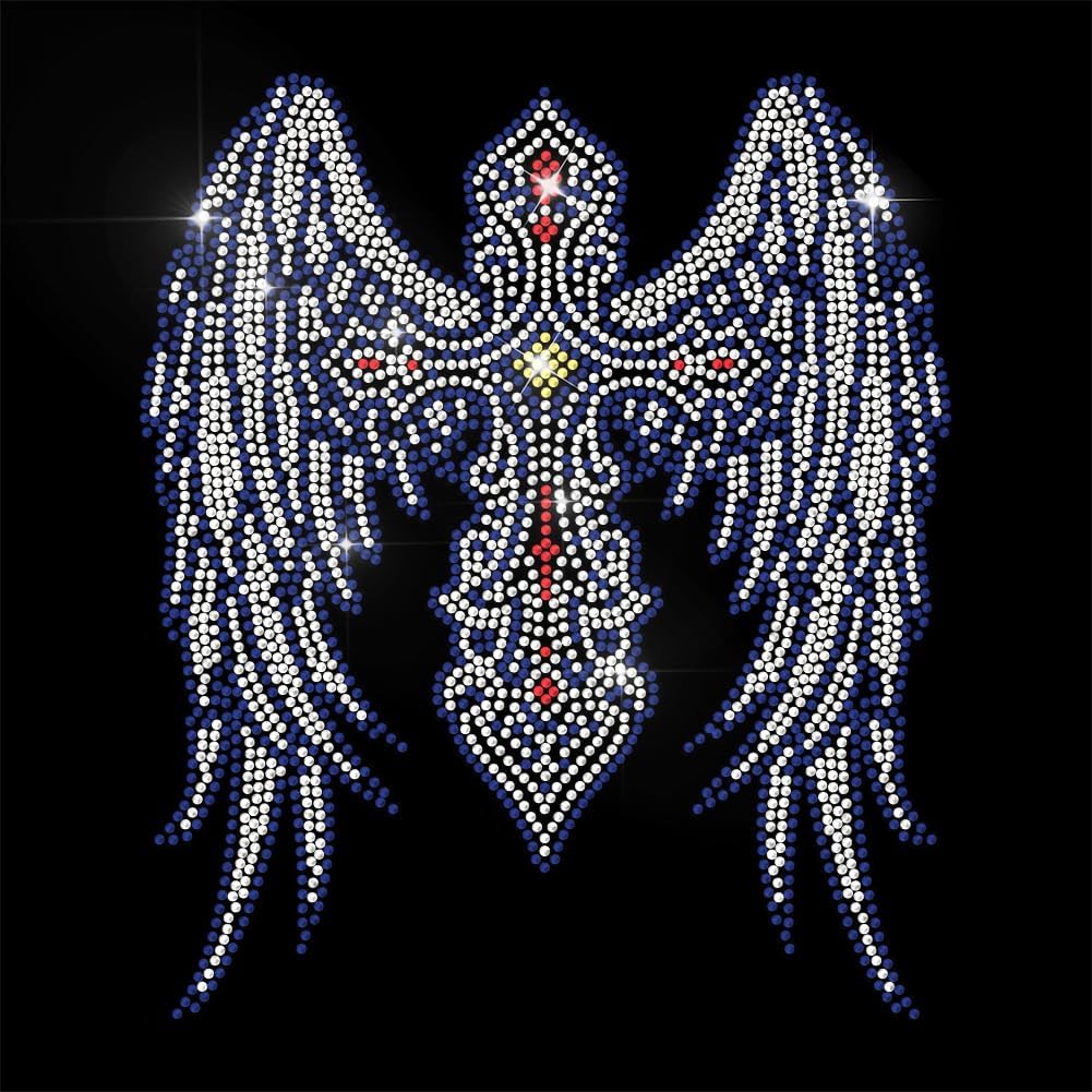 White Rhinestone Iron On Transfer Cross Wings Bling Diamond Hotfix Patches for Clothes, Large Iron On Sequin Applique for Jeans Jacket Caps Bag