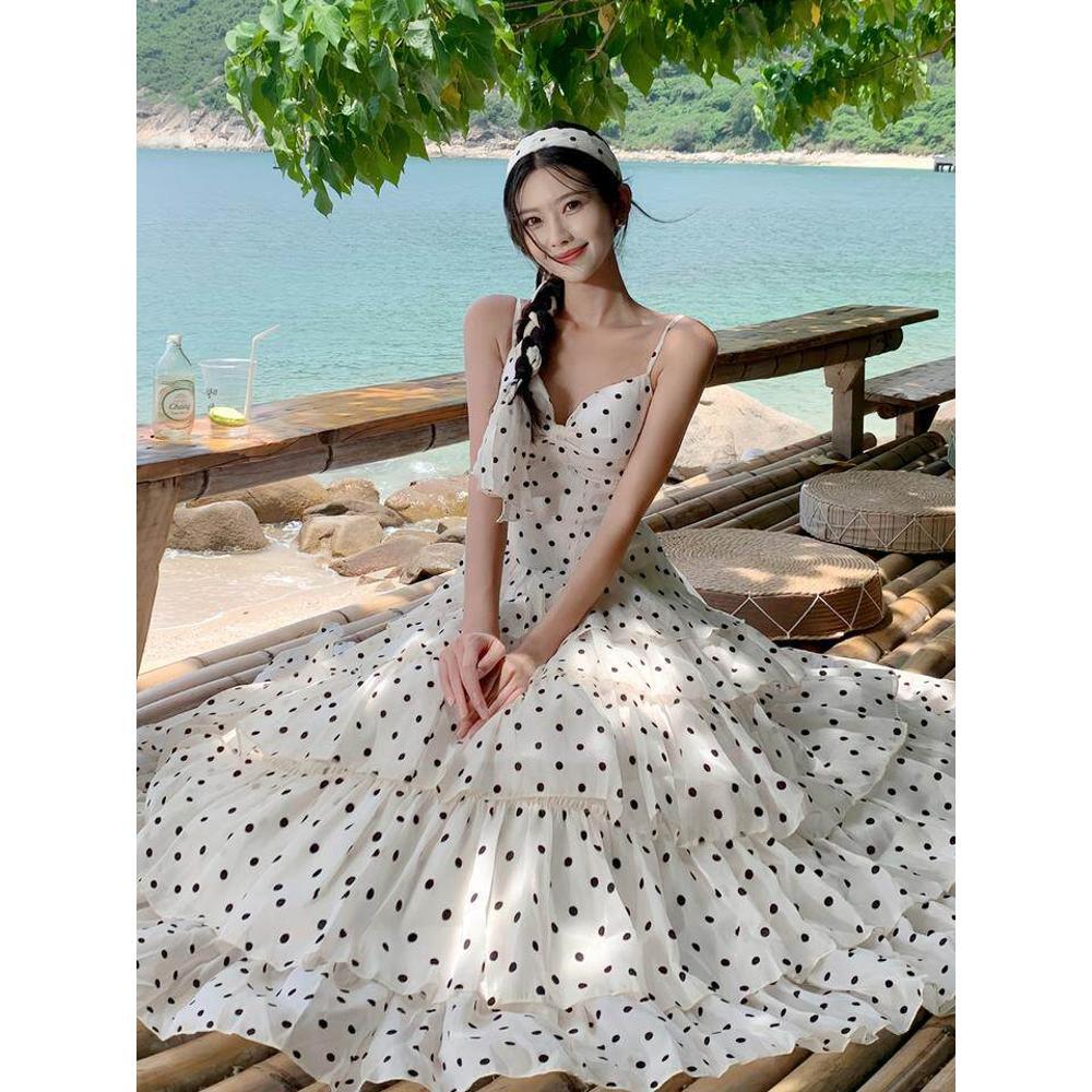 Fat mm French vacation gentle polka dots waist thin long dress women's summer fashion suspender dress temperament