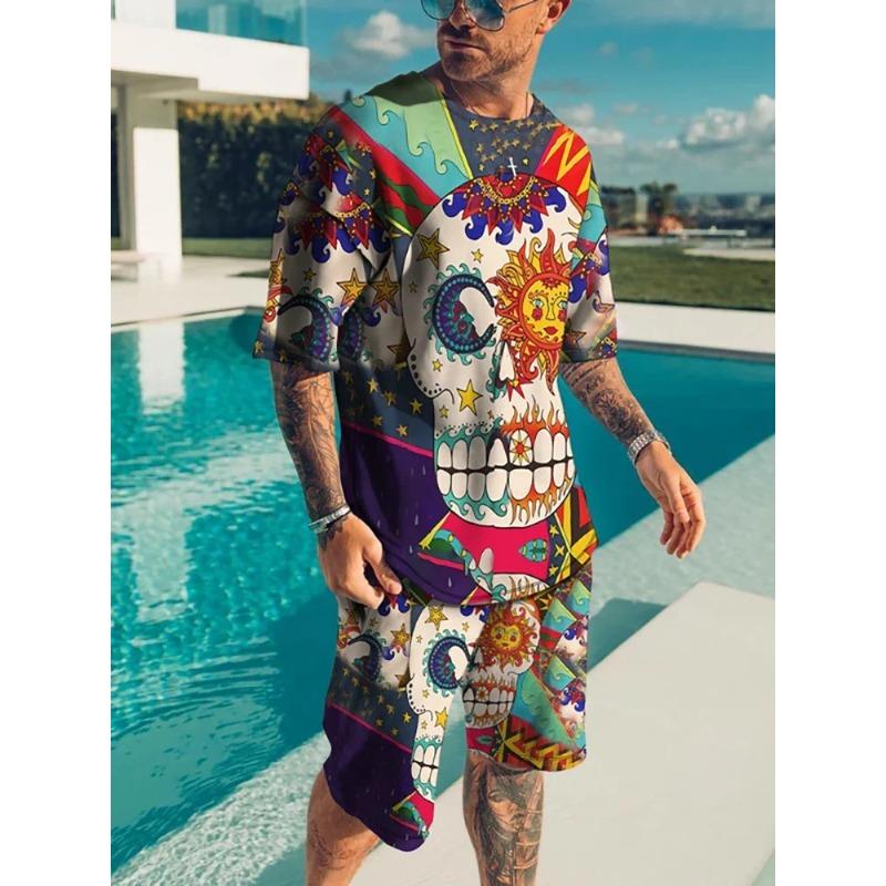 2025 Sommar Sportset 2-delars Herr 3D Färgblockerad Tryckt Kortärmad T-shirt Shorts Jogging Set Utomhus Street Herr Ligh