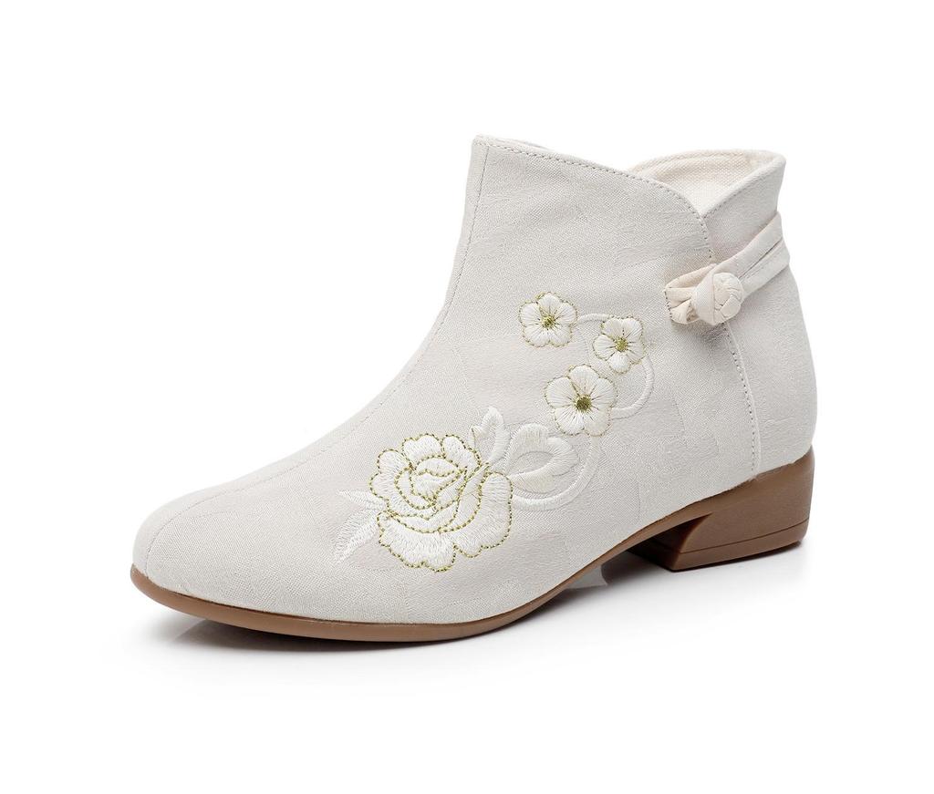 2025 Autumn/Winter Retro Ethnic Embroidered Chunky Heel Mid-Calf Women's Ankle Boots