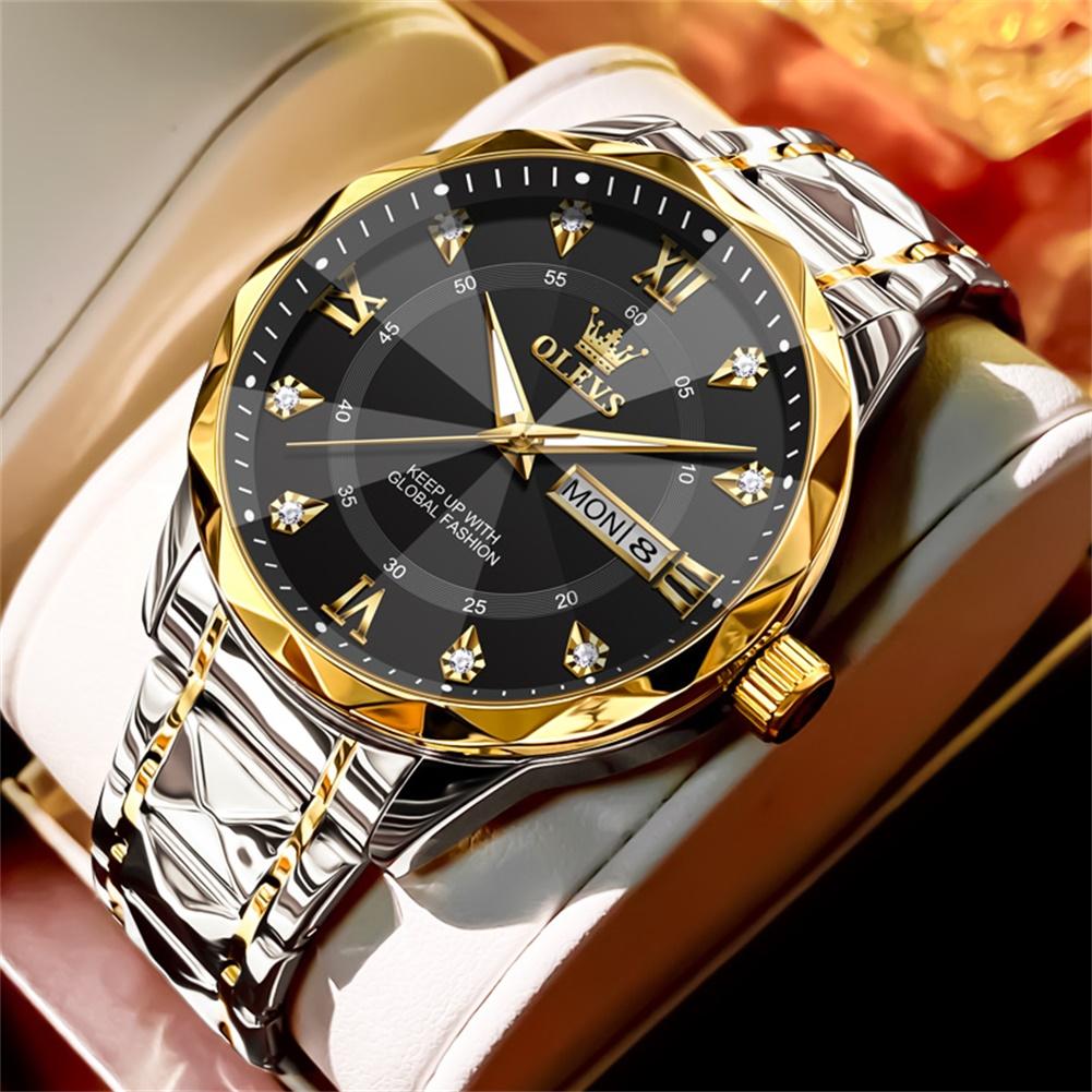 

OLEVS Найрозкішніший бренд Чоловічий годинник Оригінальний з нержавіючої сталі Водонепроникний Люмінесцентний Кварцовий годинник Модний Ромбоподібний Дзеркальний Чоловічий годинник чорний/золотий